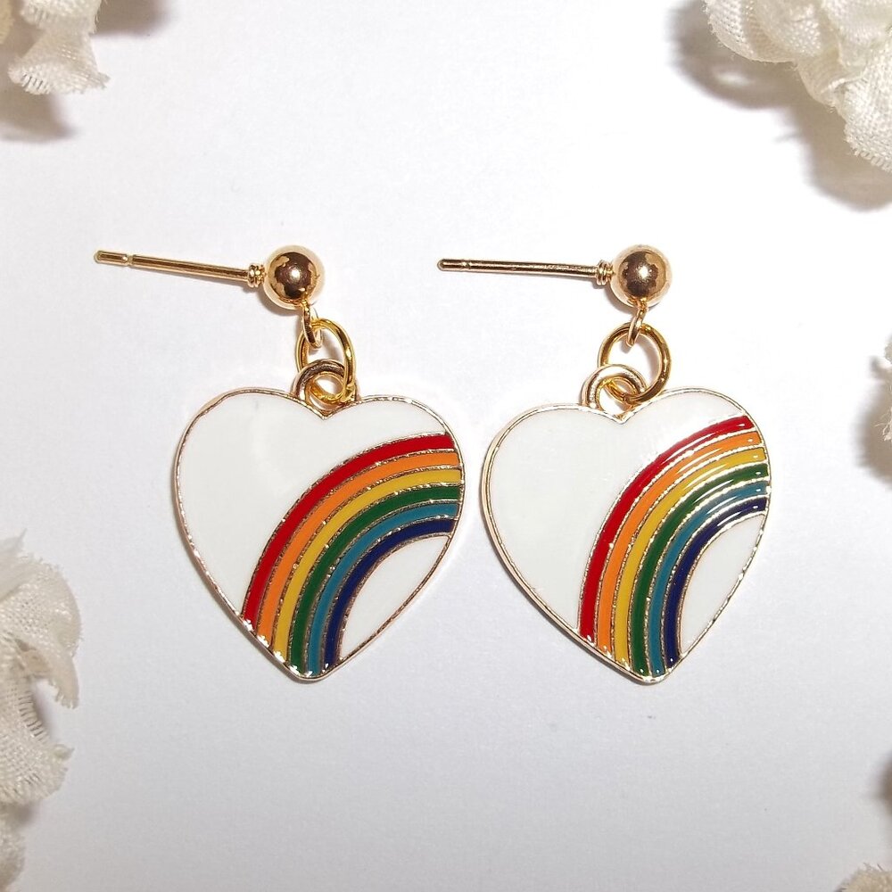Rainbow Earring White Heart Gold Post Costume Jewelry Set Pair Dangle Pride C884 - Picture 1 of 6